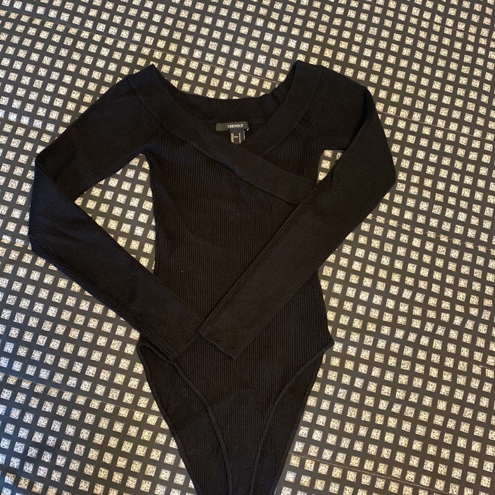 Off Shoulder Black Ribbed Long Sleeve Bodysuit